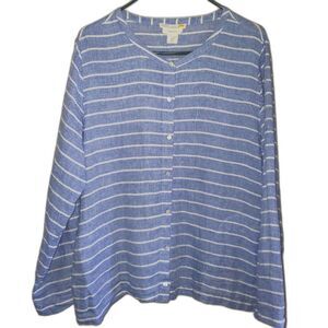 C&C California Blue White Linen Long Sleeve Button Top Coastal Pockets XL